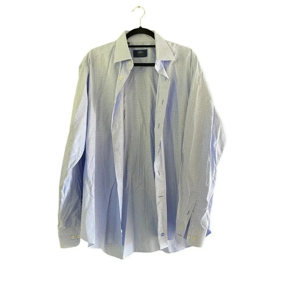 David Donahue Men's Blue Checked Long Sleeve Button Down Shirt Size 36/37